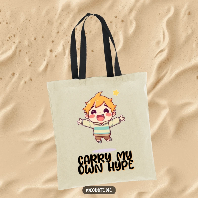 Funny tote bag depicting an energetic character leaping skyward, celebrating a minor personal triumph with unbridled happiness.