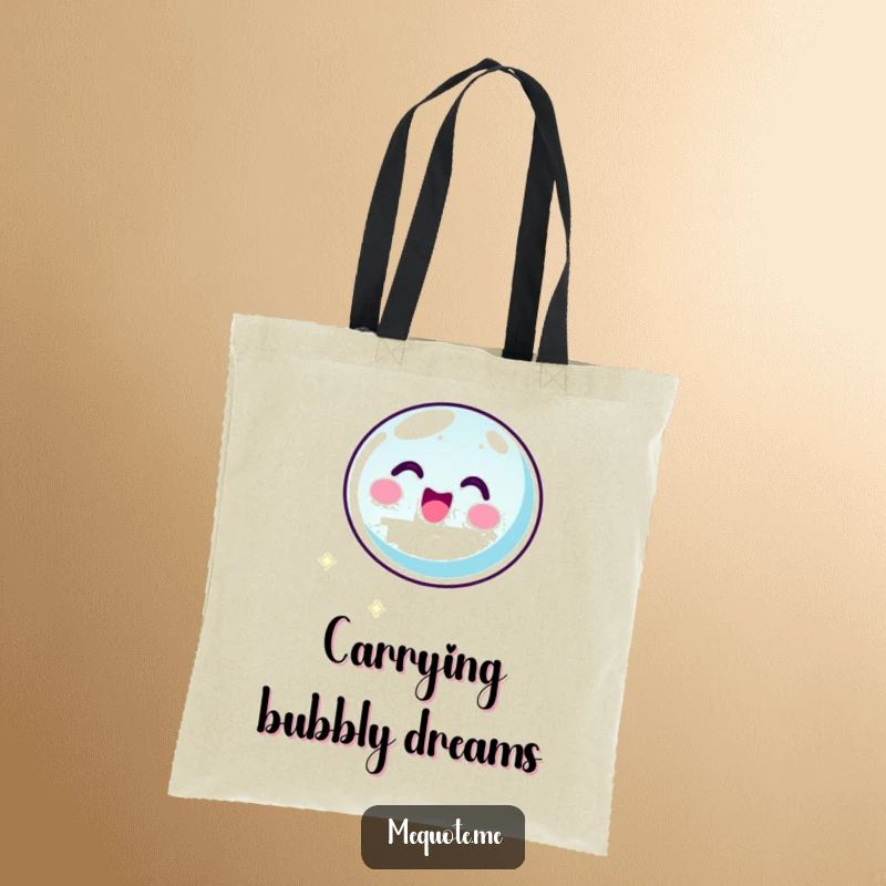 Funny tote bag depicting a bubbly bubble icon character floating with ecstatic glee, ready for any outing. A humorous accessory gift.