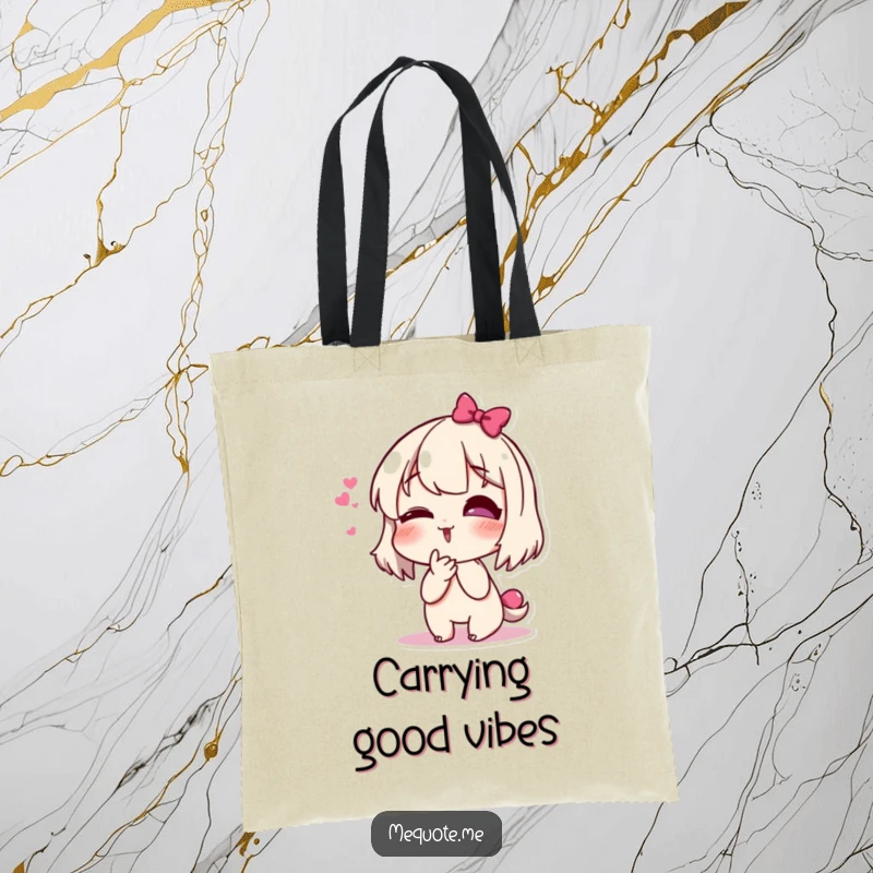 Funny tote bag adorned with a merry, giggling character in the middle of blowing a cheeky kiss, full of personality.