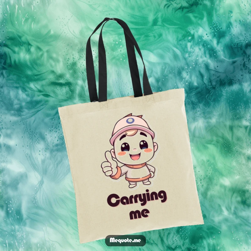 Funny tote bag showing a happy character giving a confident thumbs up to its own smiling mirror image, radiating positivity.