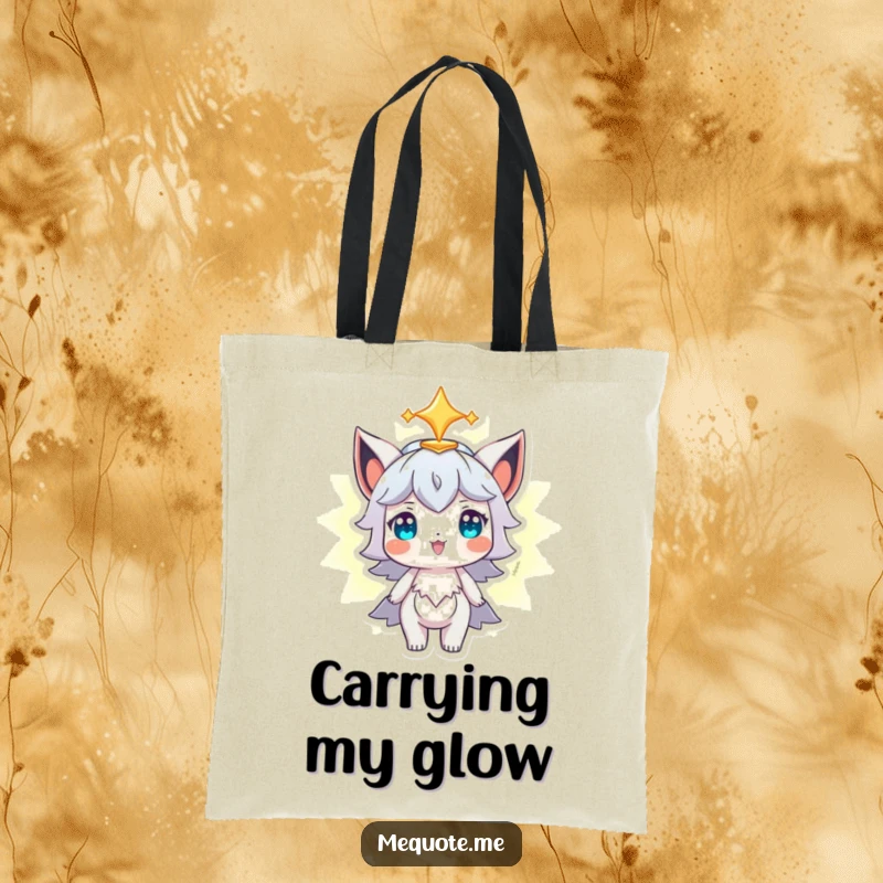 Funny Tote Bag featuring a character proudly looking at its own glowing aura, perfect for carrying items with positive energy.