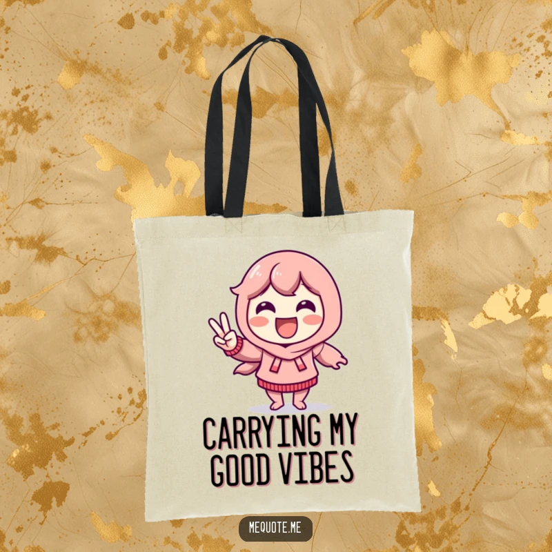 Funny Tote Bag with a delighted character doing a victory dance and flashing a peace sign, perfect for carrying essentials.