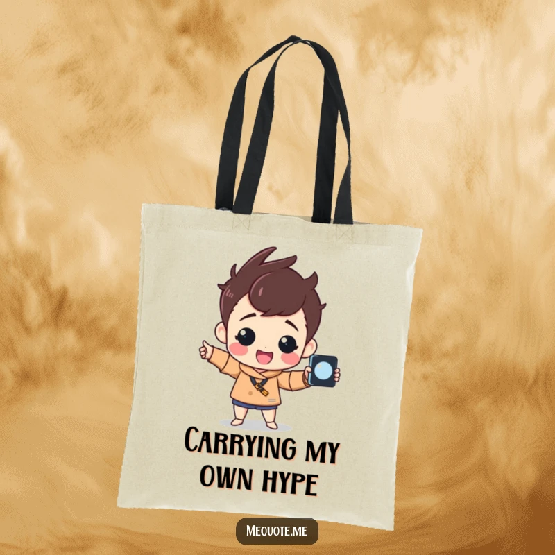 Funny Tote Bag with a cheerful character striking a proud pose, holding a selfie stick, ready for any adventure.