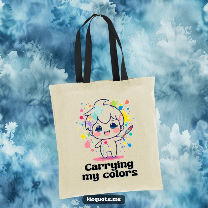 Funny tote bag showcasing a delighted paintbrush character in the act of enthusiastically splattering colors. A humorous accessory for artists.