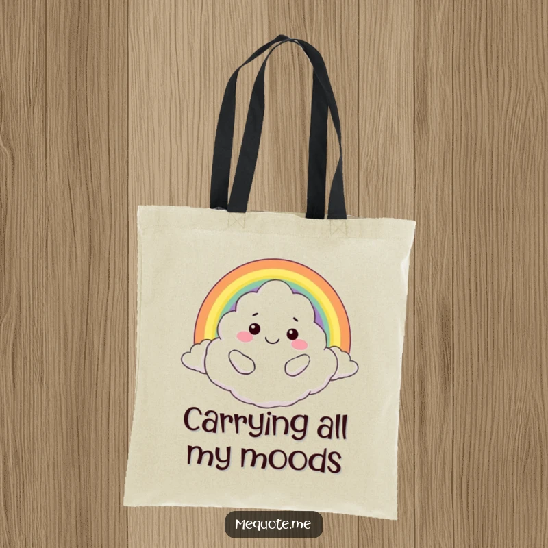 Funny tote bag: A joyful cloud character hugging a beautiful rainbow, ideal for carrying your essentials with a smile.