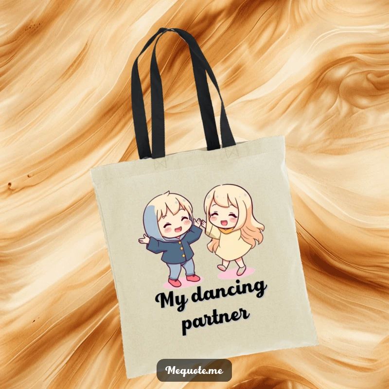 Funny tote bag with a playful character engaged in a silly dance, alongside its exact mirror reflection having fun too.
