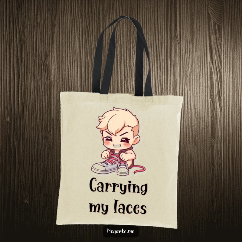 Funny tote bag featuring a determined character focused on tying shoelaces with a cheerful, anticipatory grin.