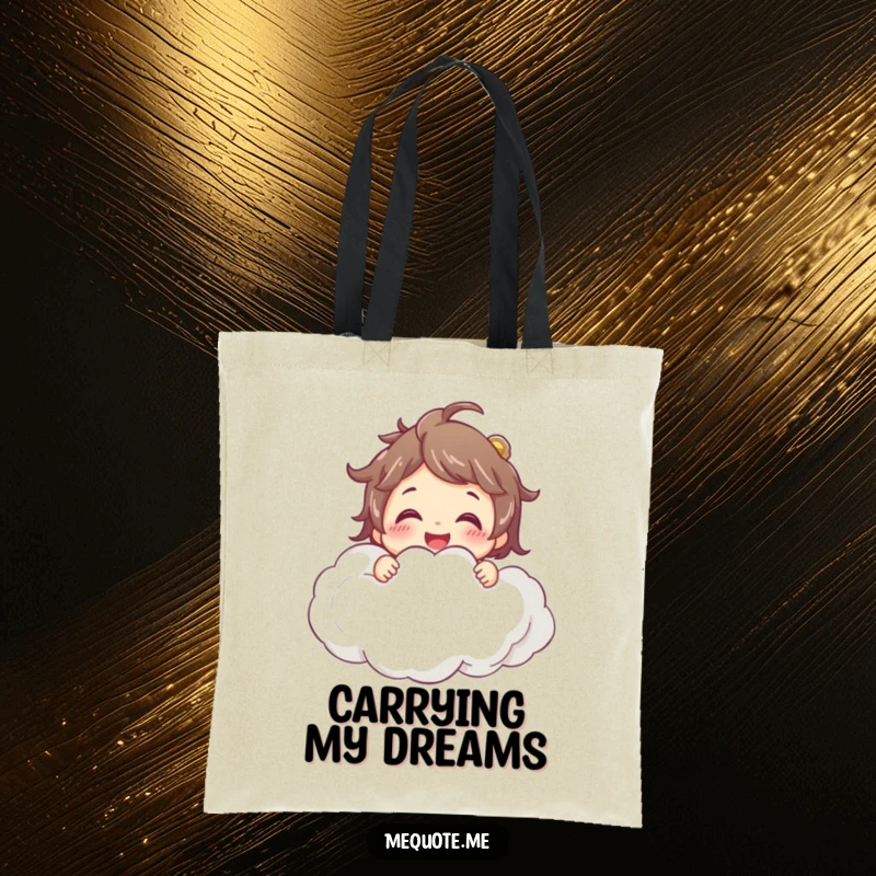 Funny Tote Bag: A smiling character joyfully hugging a fluffy cloud, symbolizing happiness and airy dreams.
