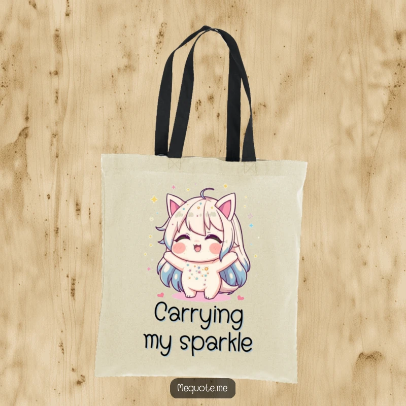 Funny tote bag featuring a joyful character showering itself with a generous amount of shimmering glitter, perfect for carrying essentials.