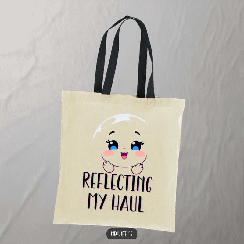 Funny Tote Bag with a smiling mirror character radiating pure joy, perfect for carrying essentials with a happy vibe.