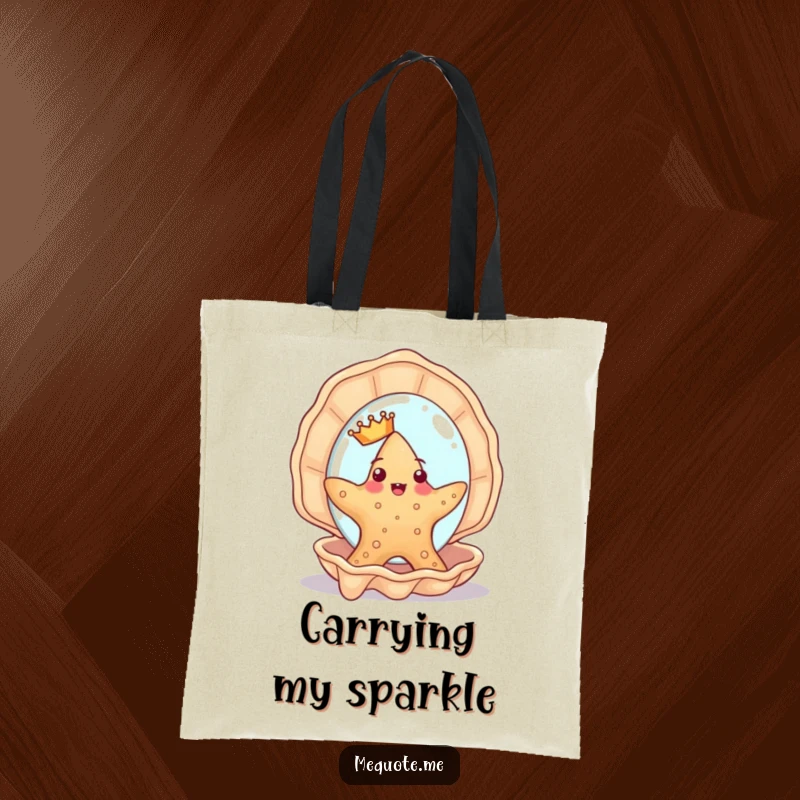 Funny Starfish Tote Bag: A cute starfish wearing a tiny crown admires itself in a seashell mirror, perfect for carrying essentials in style.