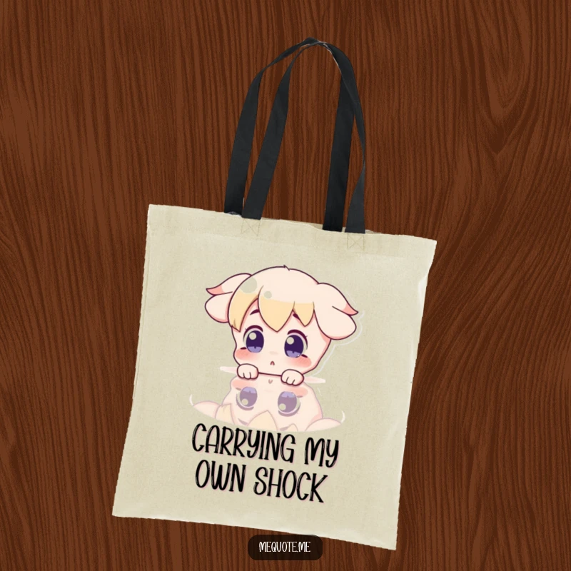 Funny Tote Bag with a surprised character gazing at its reflection in a shiny surface, perfect for carrying everyday items.