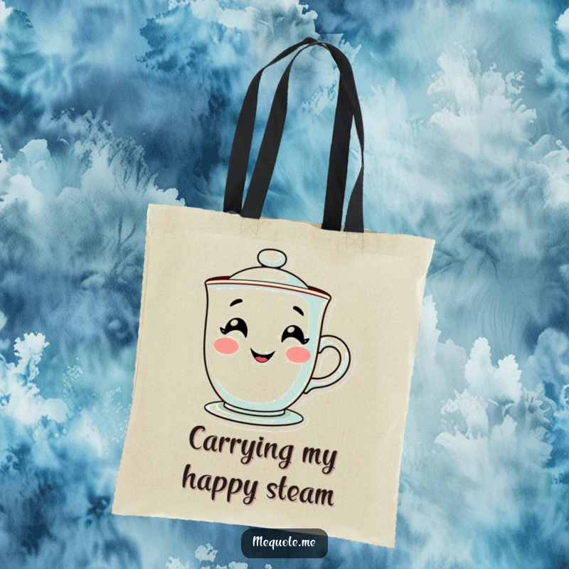 Funny tote bag showcasing a contented teacup character with a wide, happy, steamy grin, ready for adventures. A humorous accessory gift.