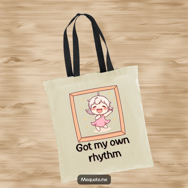 Funny Tote Bag depicting a character laughing heartily while performing a playful dance in front of a mirror.