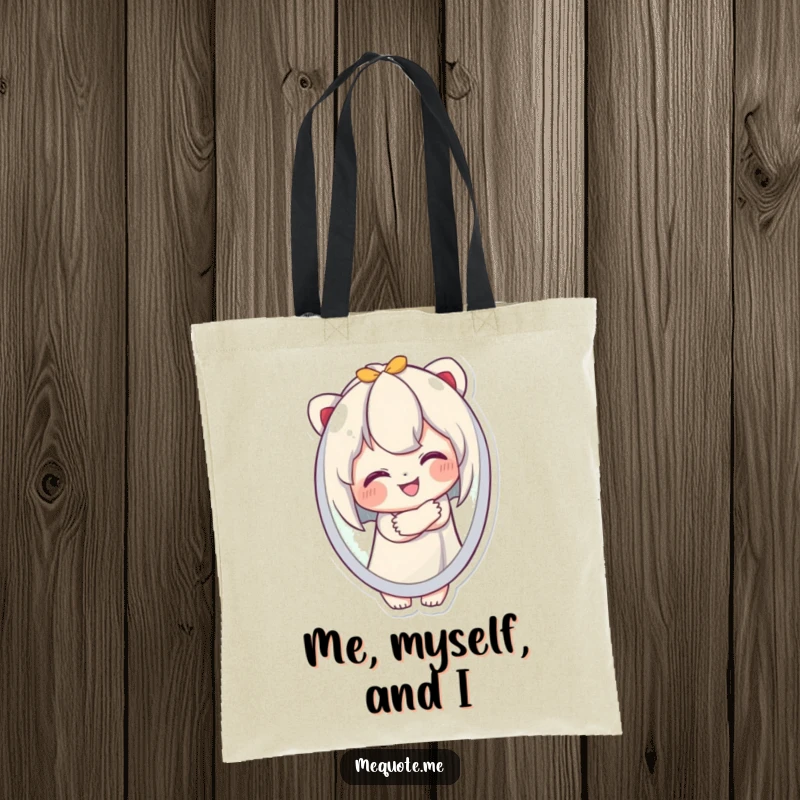 Funny Tote Bag showcasing a cute character happily embracing its own smiling reflection, ideal for carrying daily items with humor.