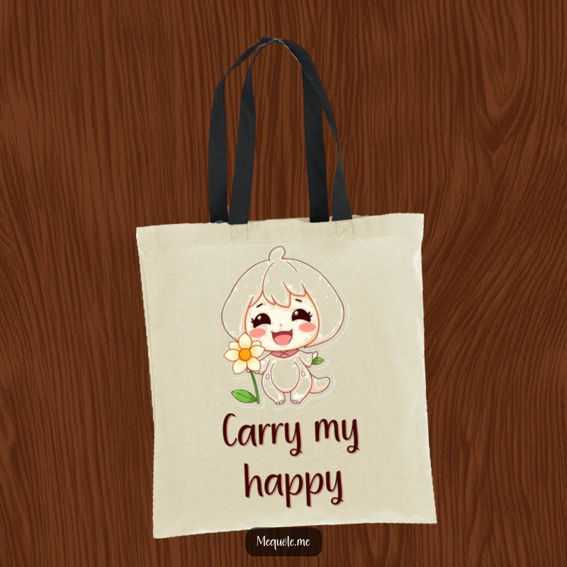 Funny tote bag showing a character offering a luminous smile to a delicate, blooming flower, symbolizing shared happiness.