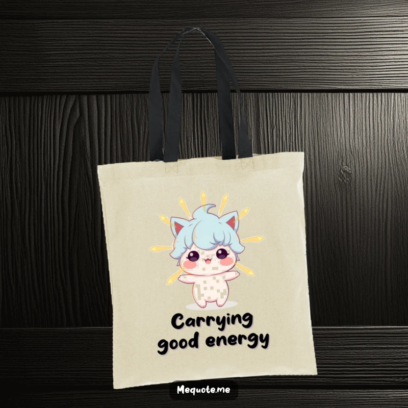 Funny tote bag depicting a character emitting a soft, inviting glow, symbolizing the power of positive energy and inner light.