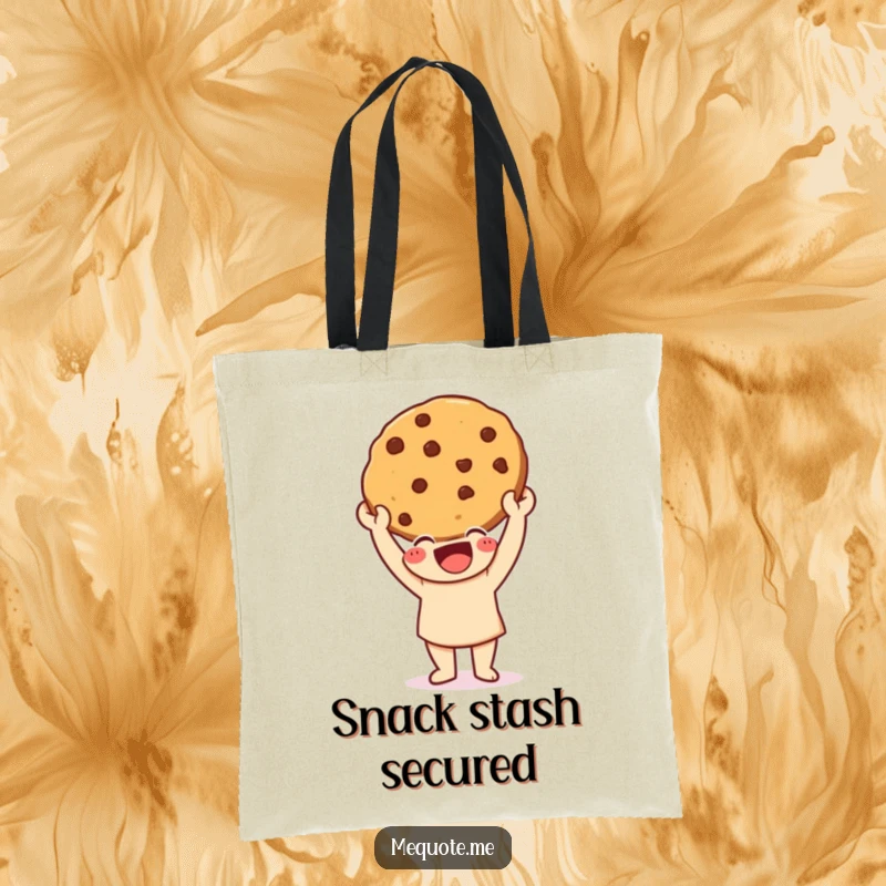 Funny Tote Bag showing a happy character triumphantly holding up a freshly baked cookie, perfect for carrying treats.